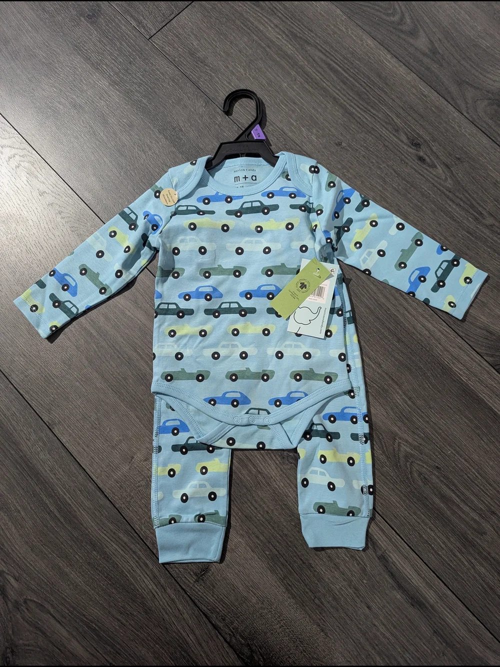 M+O GOTS Certified Organic Cotton Light Blue Car-Print Long Sleeve 2 Piece Set